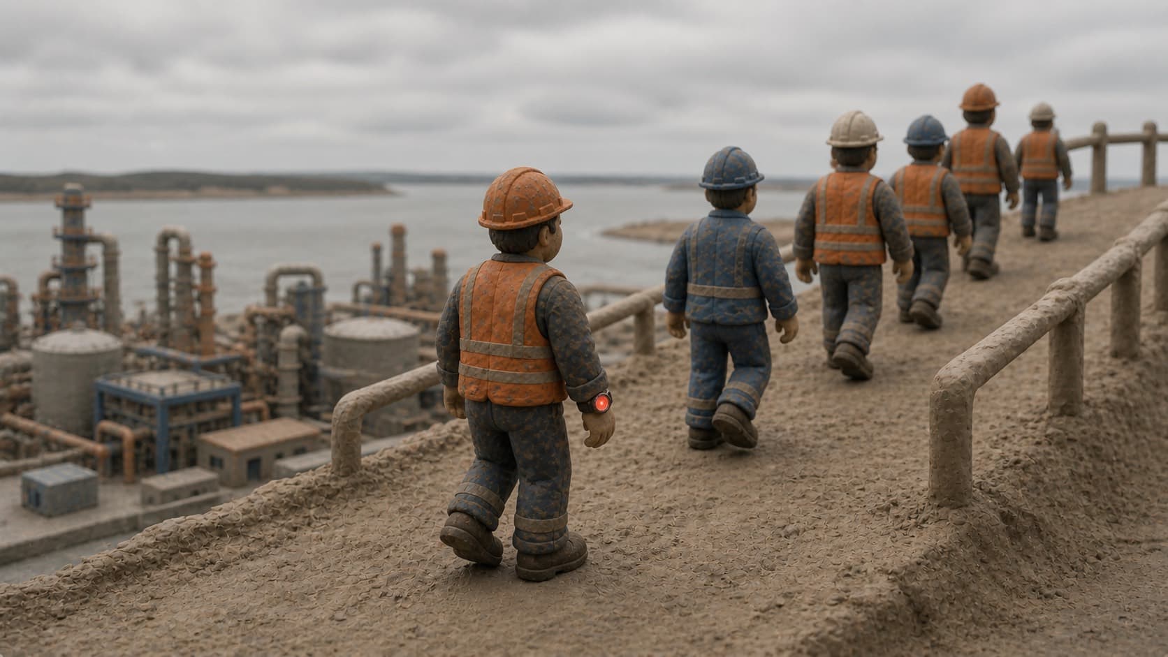 Maqueta de plastilina: seis operarios con chaleco naranja gastado suben caminando sin prisa por un terraplén de tierra hacia una cota elevada, todos de espaldas. Abajo a la izquierda quedan la planta industrial intacta y la ría bajo un cielo nublado. El operario más cercano lleva en la muñeca un reloj con la esfera encendida en rojo