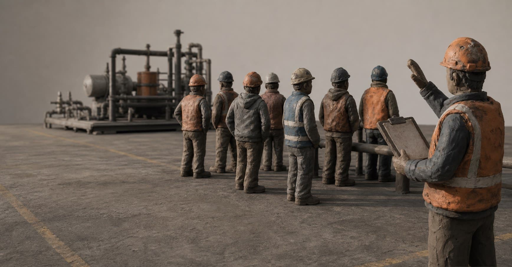 Maqueta de plastilina de un recuento en una planta industrial: operarios esperando en fila mientras el encargado, con una carpeta en la mano, canta nombres