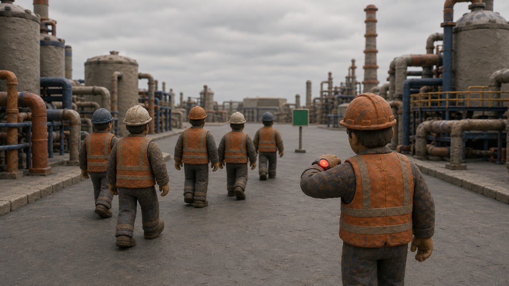 Maqueta de plastilina del primer minuto de una evacuación en una planta industrial: seis operarios con chaleco naranja gastado caminan sin prisa, de espaldas, por un vial interior hacia la señal verde del punto de reunión, entre racks de tuberías y tanques intactos. El más cercano, en primer plano a la derecha, levanta la muñeca y mira el reloj, con la esfera encendida en rojo