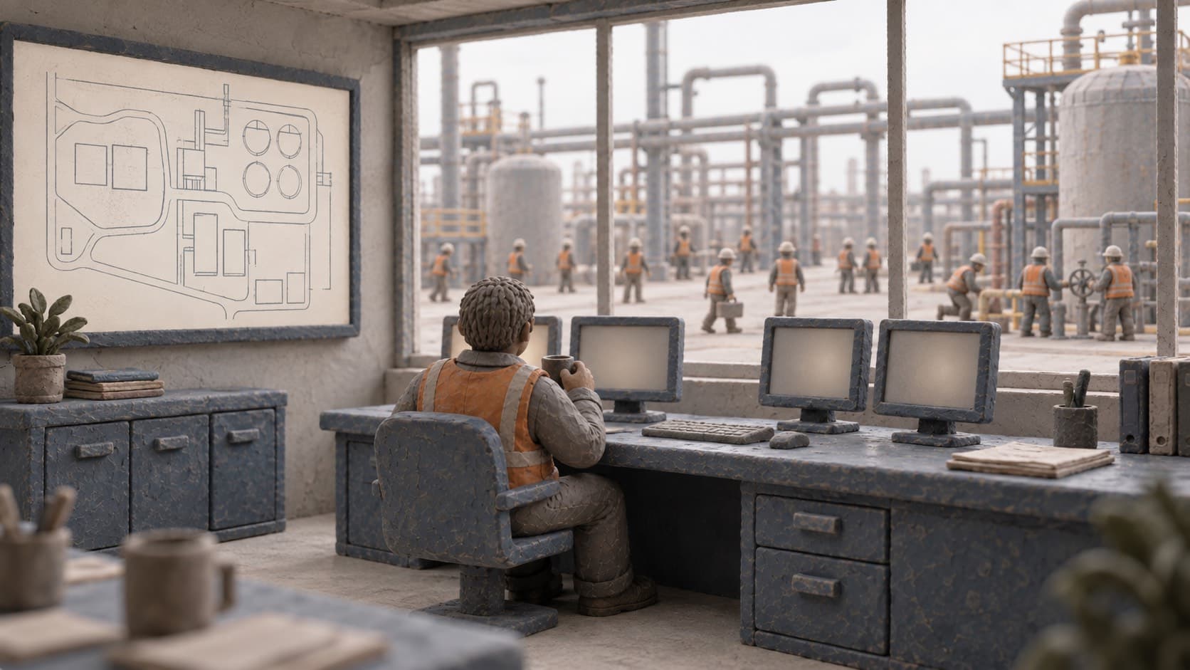 Maqueta de plastilina de una sala de control de planta industrial en un día tranquilo: un solo operador de espaldas con una taza, monitores en blanco, en la pared un plano de la planta vacío y sin ningún punto, y por el ventanal el patio lleno de operarios con chaleco naranja trabajando