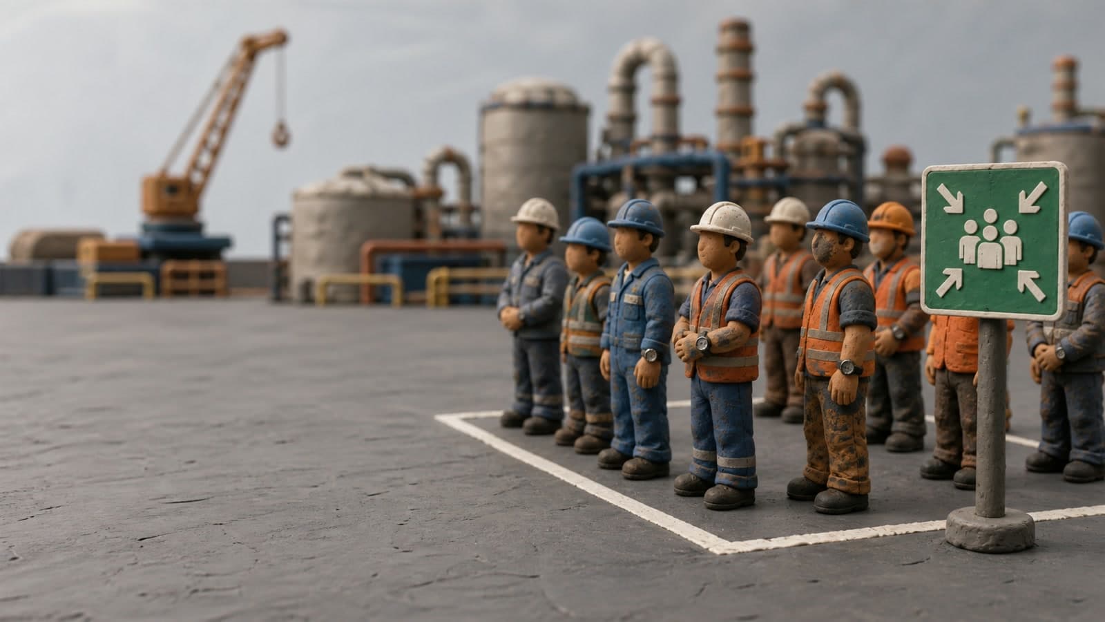 Maqueta de plastilina del punto de reunión de una planta industrial: la señal verde plantada en el suelo y la cuadrilla agrupada dentro de la zona marcada, cada operario con un reloj en la muñeca