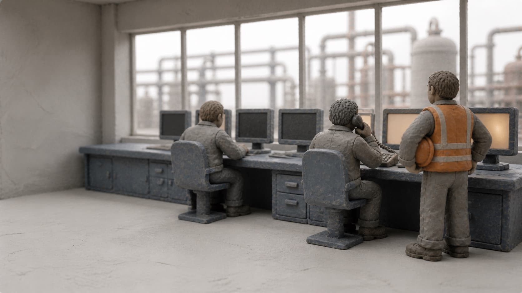 Maqueta de plastilina de la sala de control de una planta industrial: dos operadores de espaldas ante una mesa con monitores, uno con un teléfono en la oreja, y detrás un responsable con chaleco naranja y el casco bajo el brazo mirando las mismas pantallas