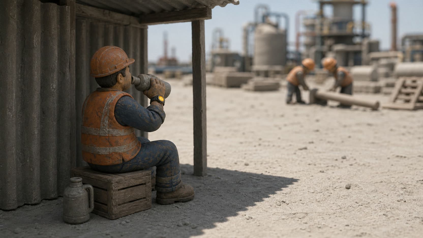 Maqueta de plastilina a pleno sol: un operario ha parado a la sombra de una marquesina y bebe agua, con la esfera del reloj encendida en ámbar, mientras al fondo sus compañeros siguen trabajando al sol