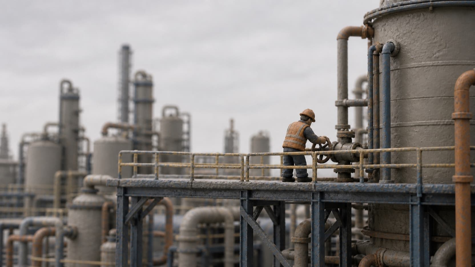 Maqueta de plastilina de una planta industrial: un único operario, pequeño en el encuadre, trabaja sobre una pasarela junto a un tanque, sin nadie más a la vista