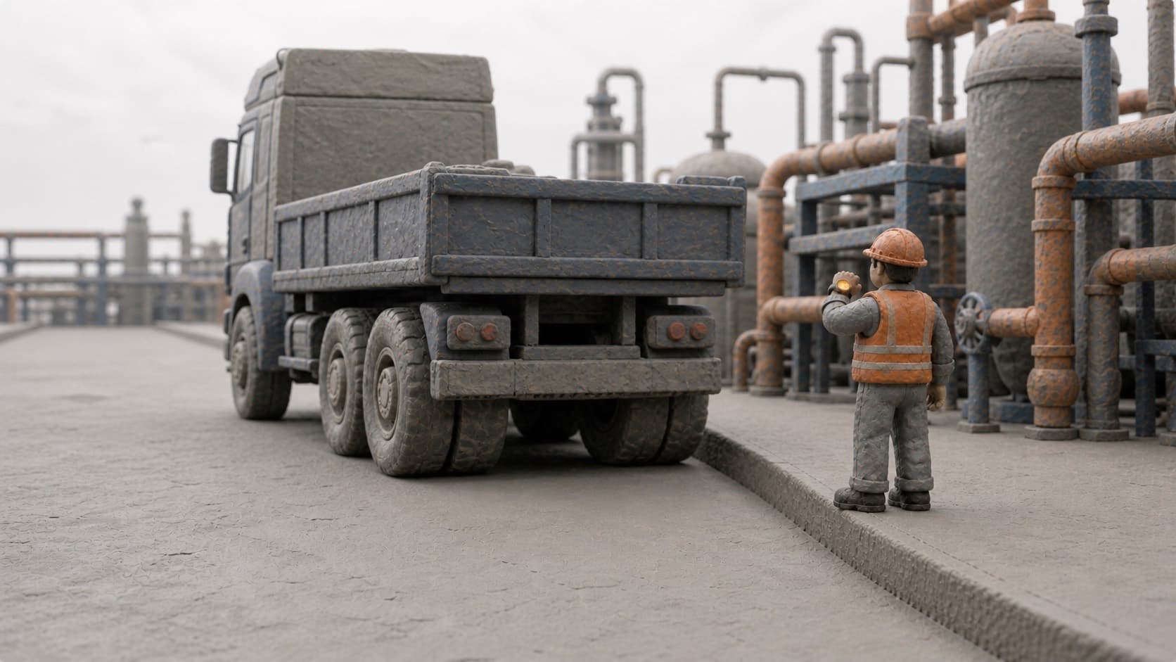 Maqueta de plastilina de un vial interior de planta industrial: un camión alejándose por la calzada y, apartado sobre un arcén elevado con bordillo, un operario con chaleco naranja mirándose el reloj, con la esfera encendida en ámbar