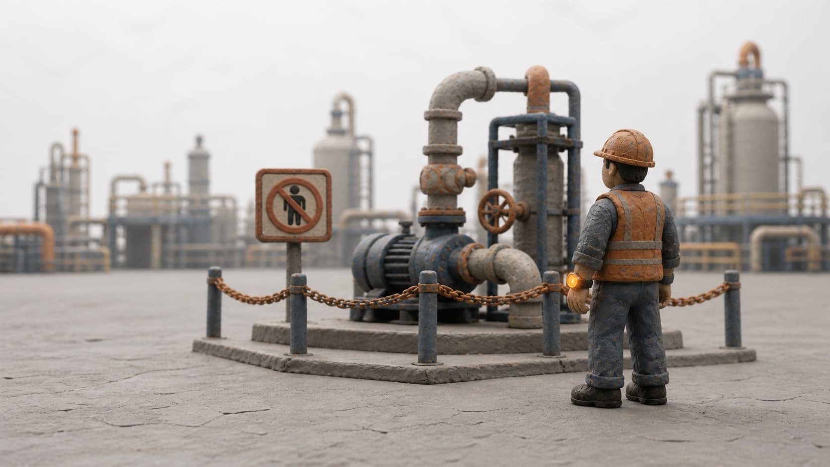 Maqueta de plastilina del límite de una zona restringida en una planta industrial: una unidad de proceso acordonada con postes y cadena, y un operario parado ante ella con la esfera del reloj encendida